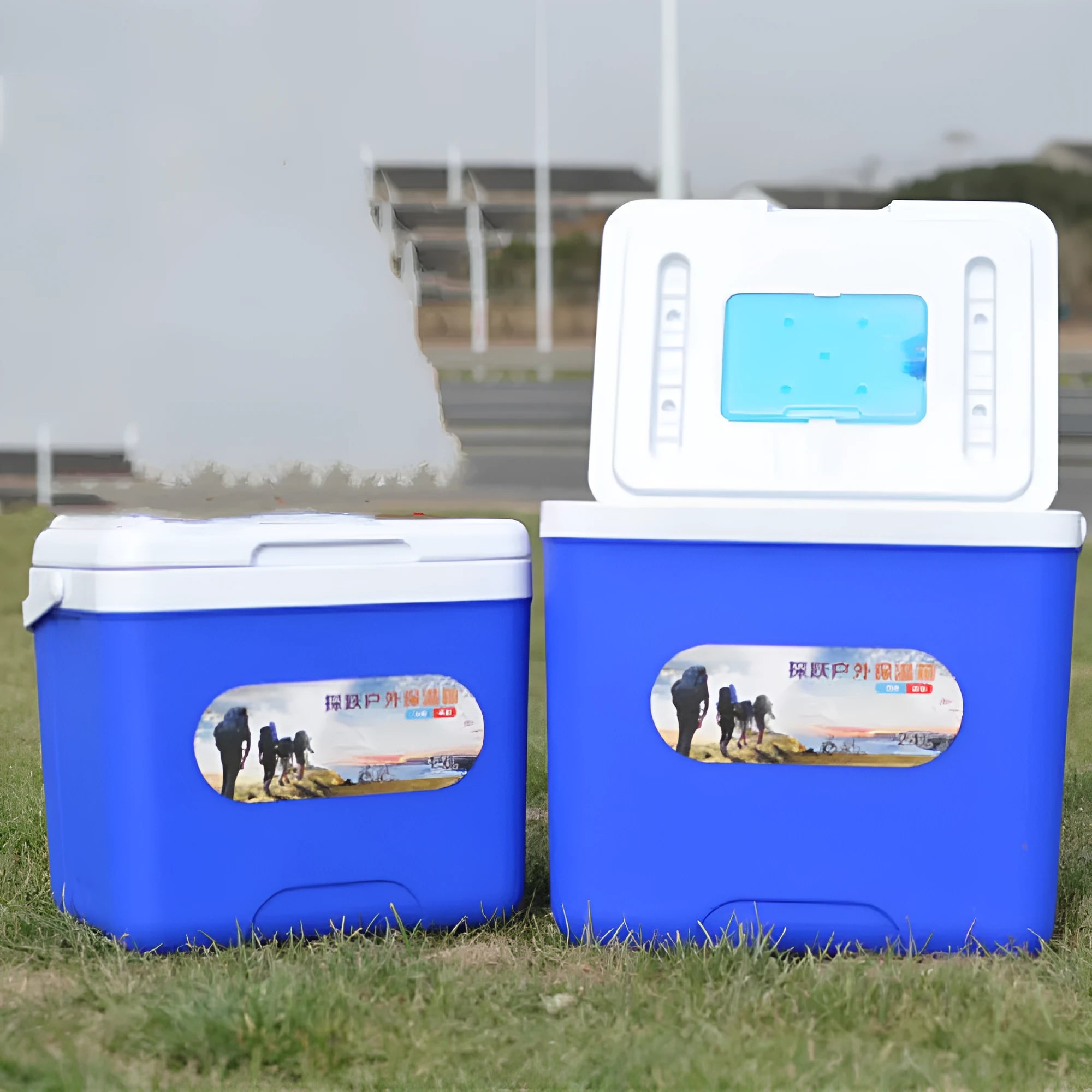 Blue portable insulated car cooler box with aluminium foil construction.