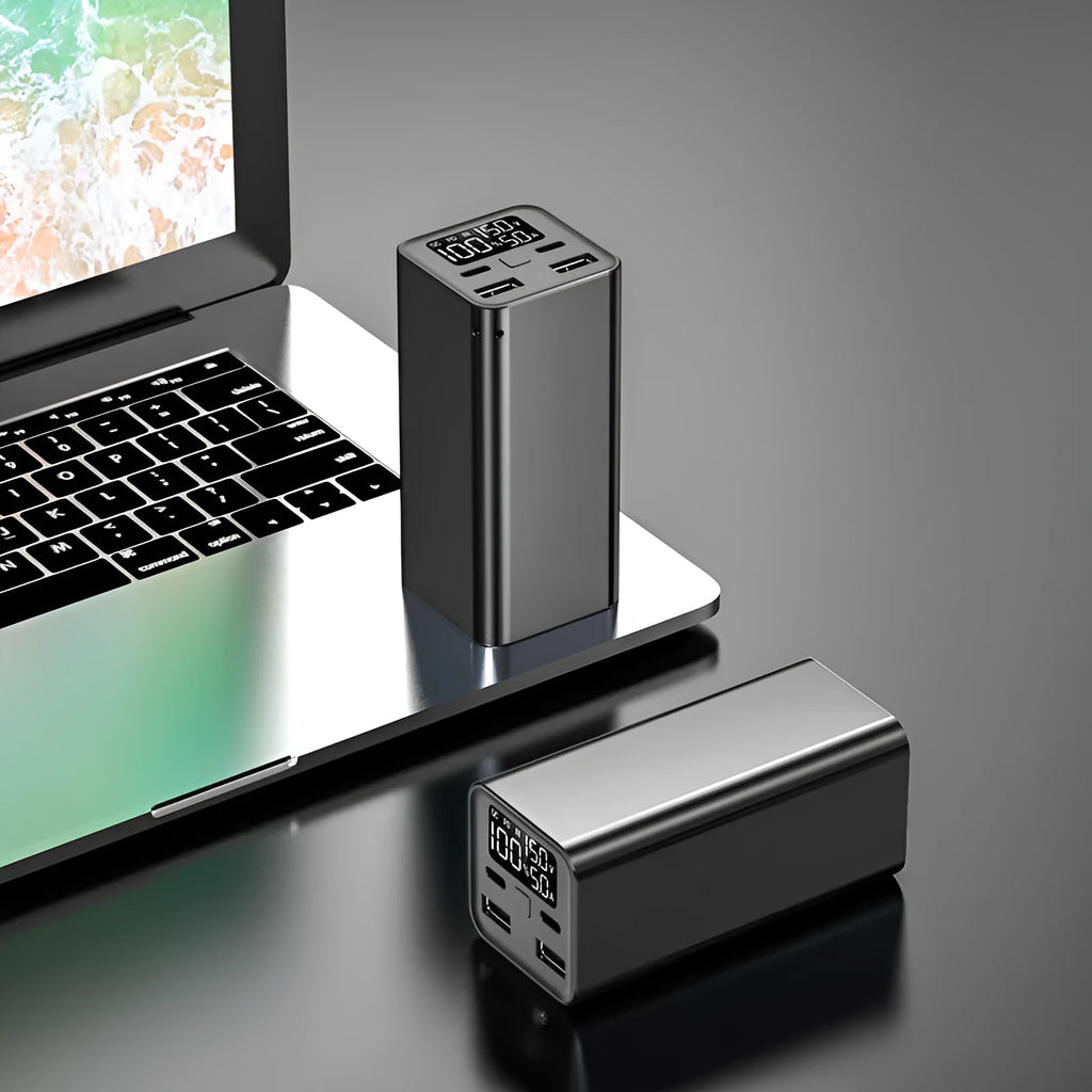 Black high power laptop charging bank with metal case showing size and USB-C port.