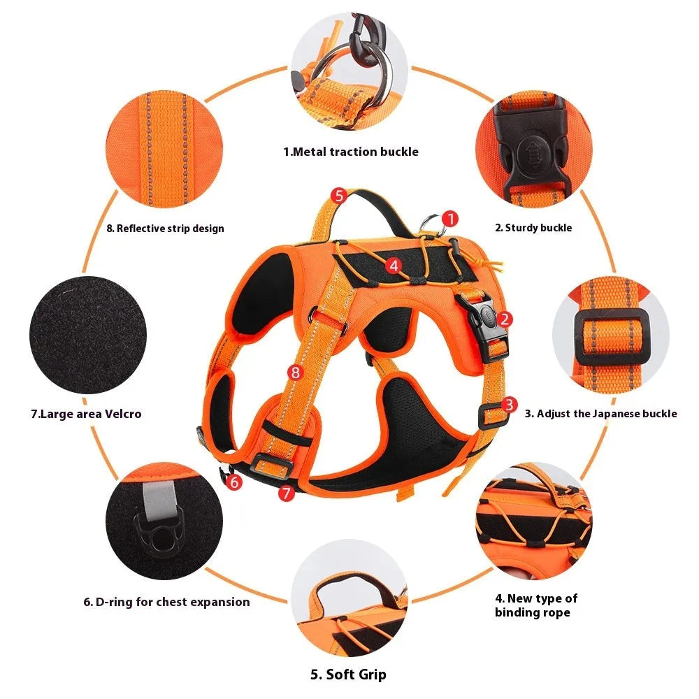 Reflective dog harness vest with integrated hand holding rope leash in multiple colour options