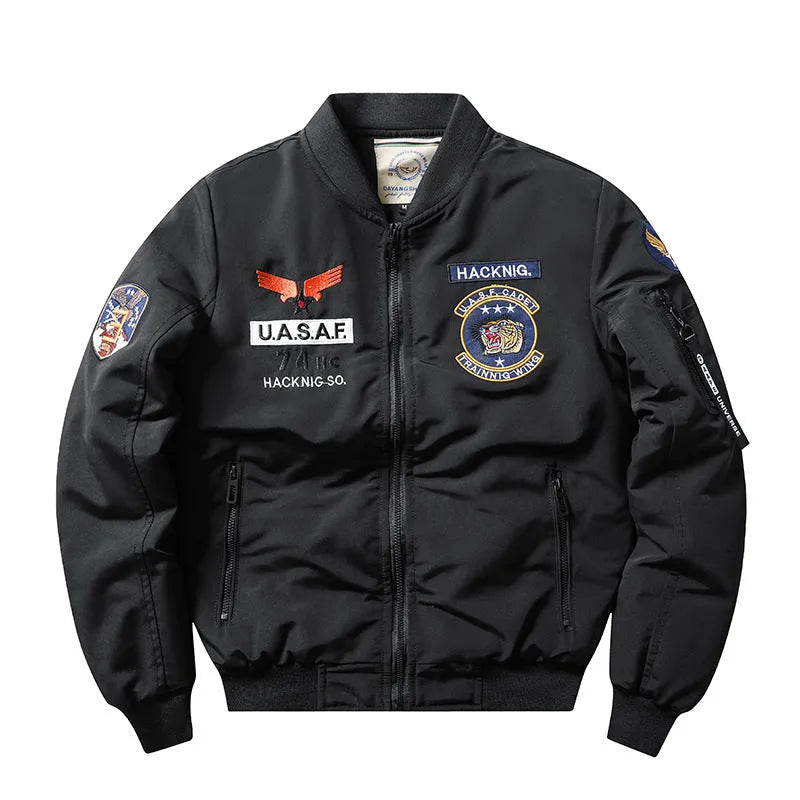 Slim-fit men's retro cotton-padded coat with stand collar and quilted embroidery, shown in blue.