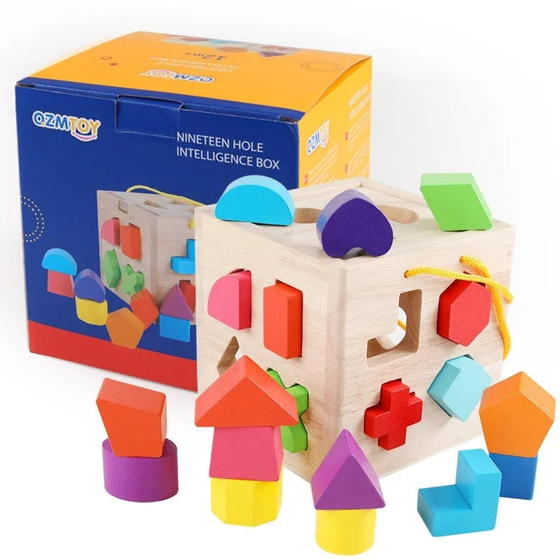 Wooden geometric shape matching baby building blocks with multiple hole intelligence boxes for infants 0-3 years