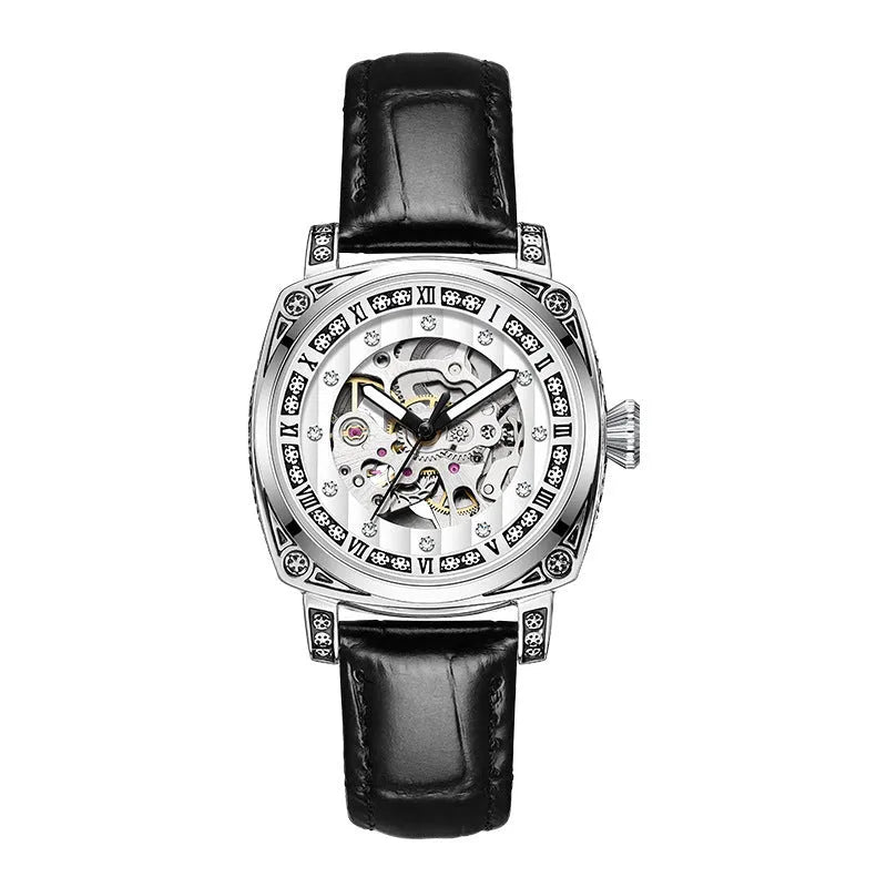 Mechanical wristwatch with luminous hands on a leather strap, shown in multiple colour options.