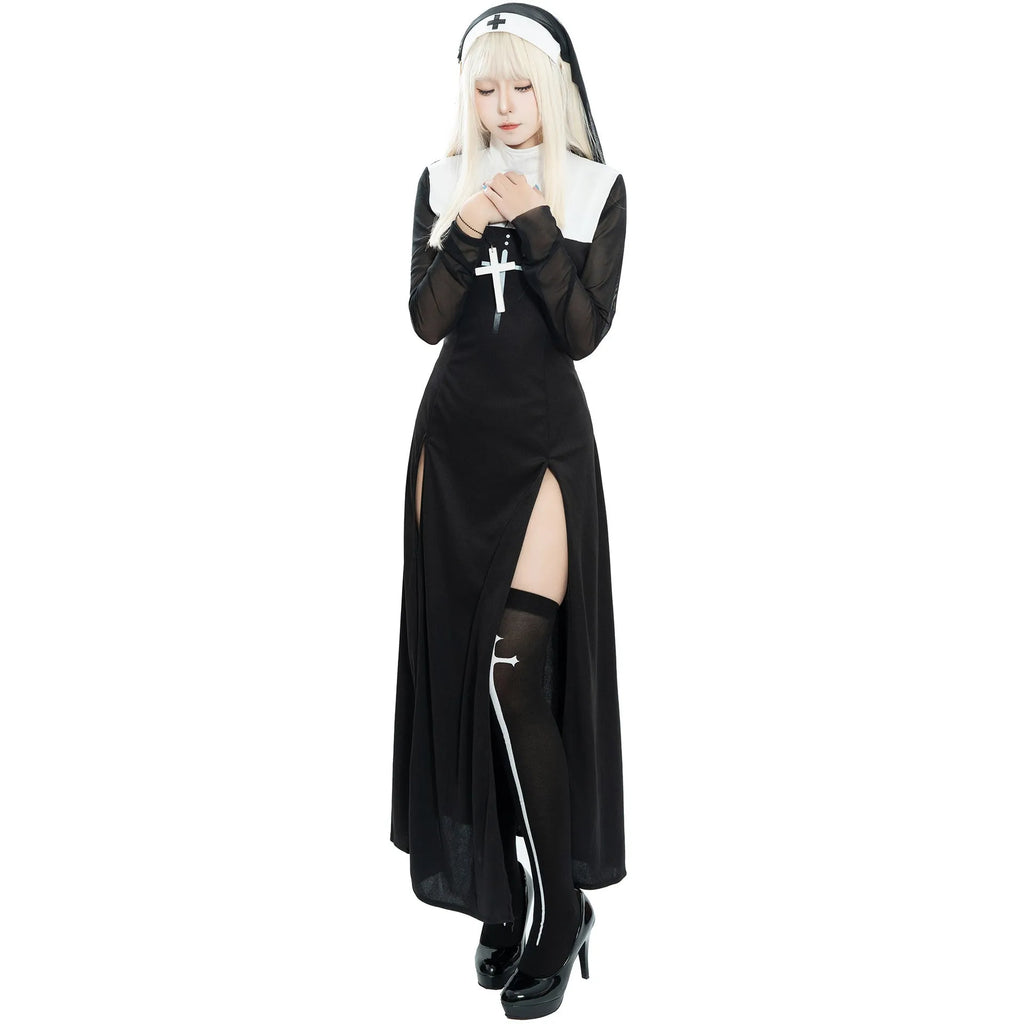 Black polyester women's nun costume dress with long sleeves for Halloween or cosplay