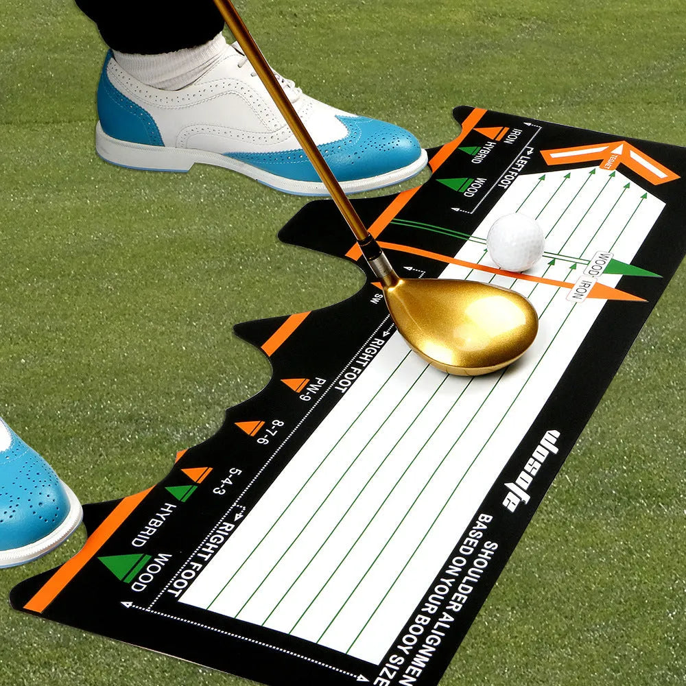 Black neoprene golf swing stance correction pad with positioning markings for alignment practice