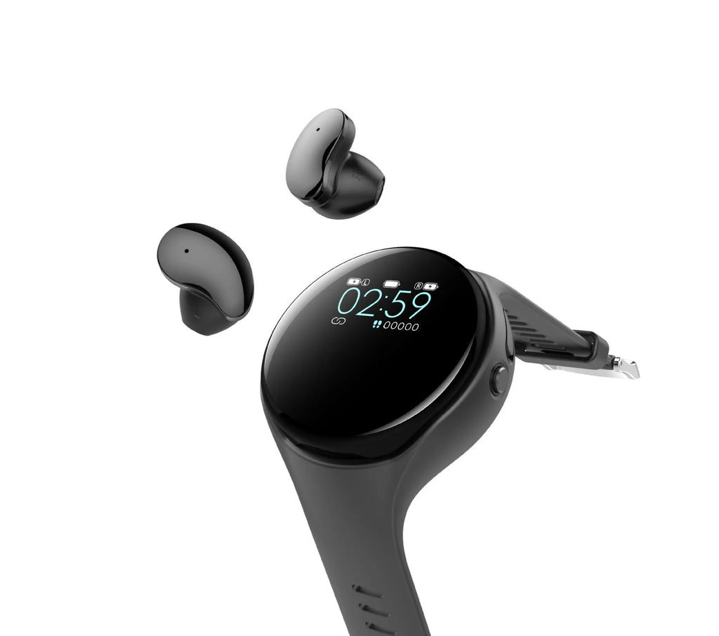 Black Bluetooth headset and smart bracelet combo watch with detachable TWS earbuds on a charging cable.