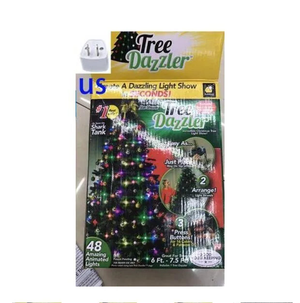64 LED dazzler shower tree light string on a Christmas tree showing cascading lights with IP44 outdoor rating