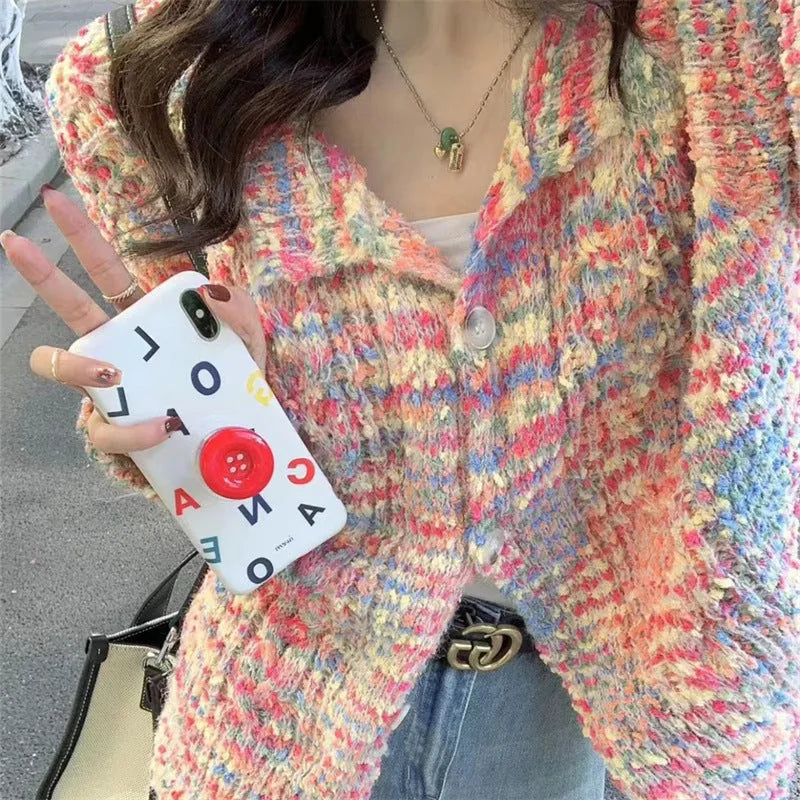 Rainbow knitted cardigan sweater in retro gentle idle style showing toothbrush hair fabric texture