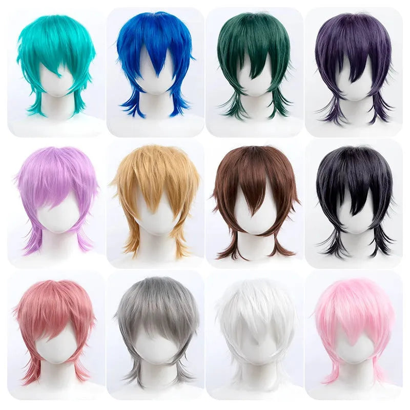 Men's short black anime-style cosplay wig on a stand