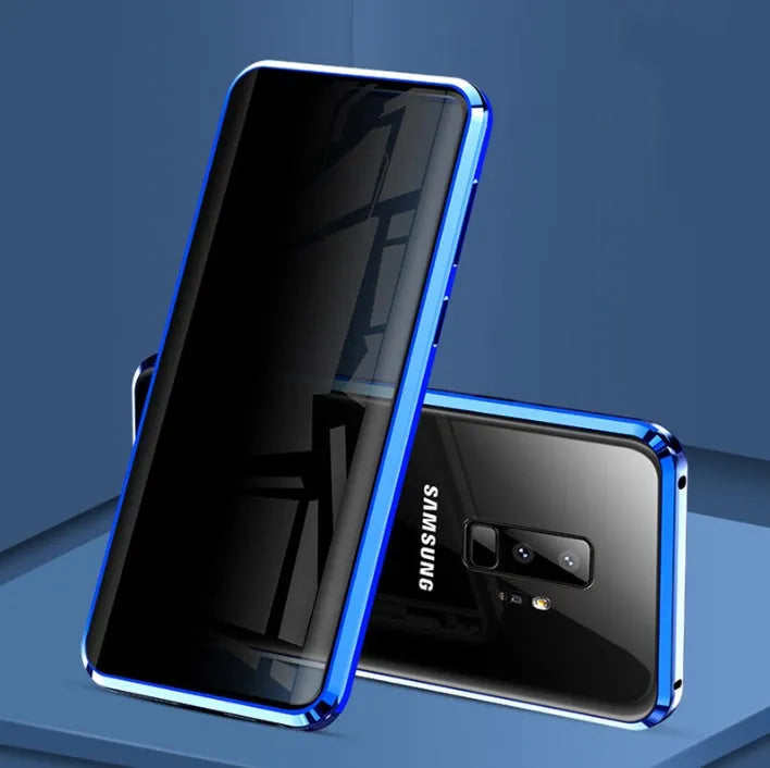Samsung anti-peeping magnetic phone case in clamshell design with privacy screen and double-sided glass protection