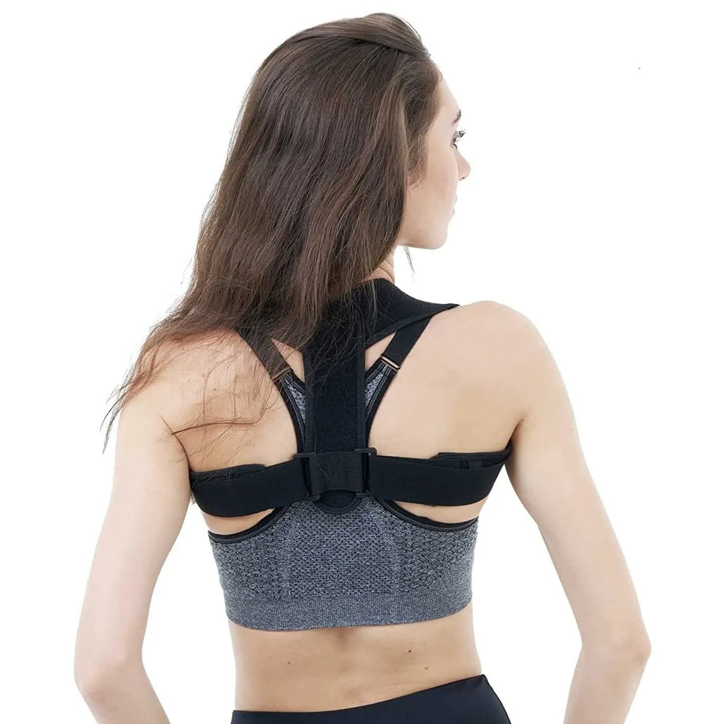 Black adjustable posture correction strap for back support