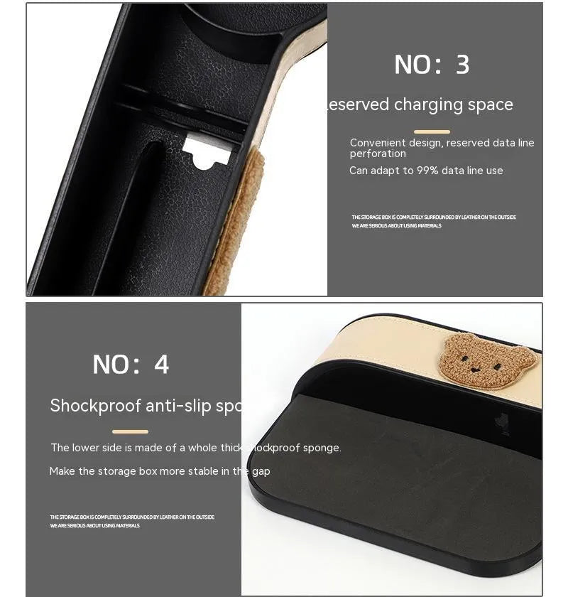 Leather car seat gap storage box with cartoon bear design options for co-pilot or main driving position.