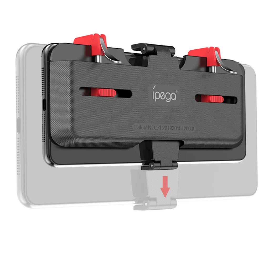 Black mobile phone gaming trigger bracket with adjustable sliding metal trigger and telescopic phone clip