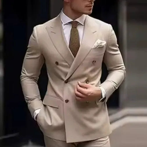 Men's Korean style slim fit two-piece business suit in cotton blend polyester fabric