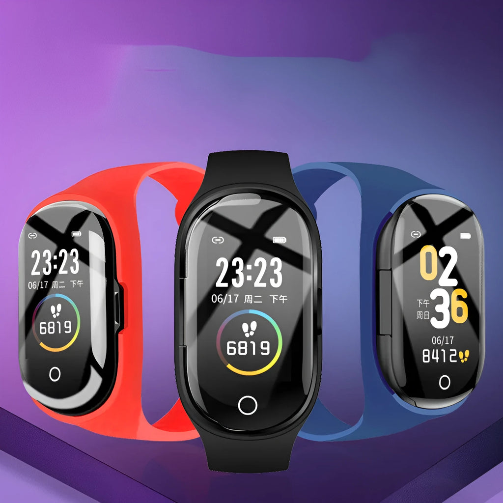 Smart bracelet earphone combo with 1-inch touchscreen in black, blue, or red silicone wristband