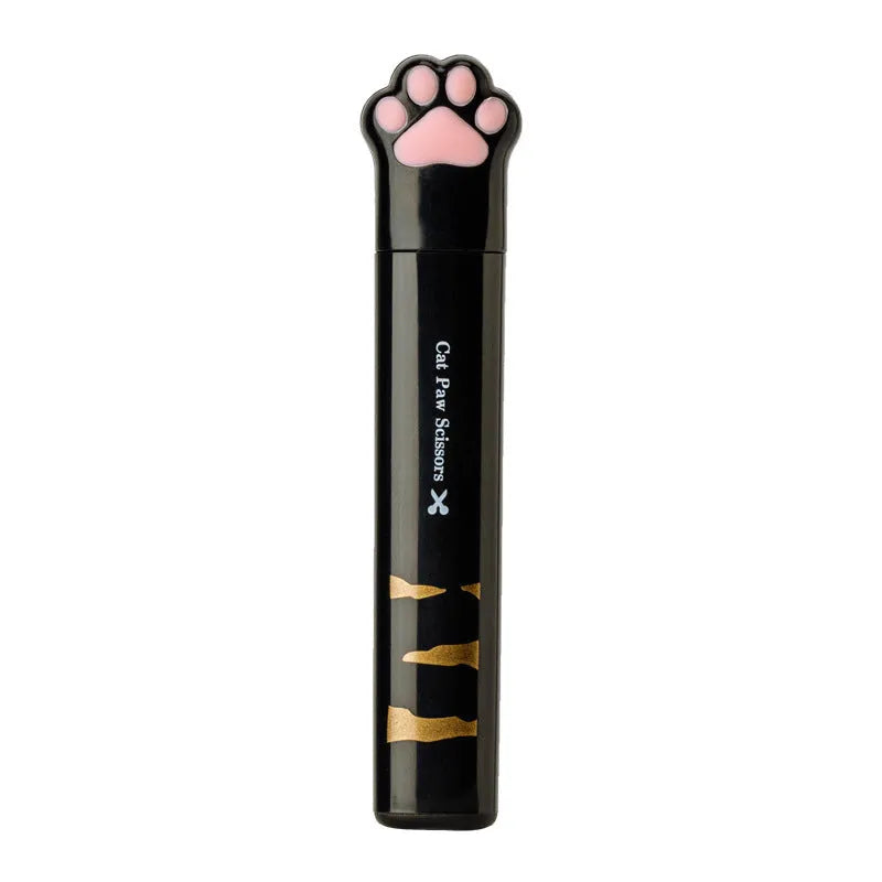 Small stainless steel folding scissors with cat paw handles shown in pink, blue, black, and white.