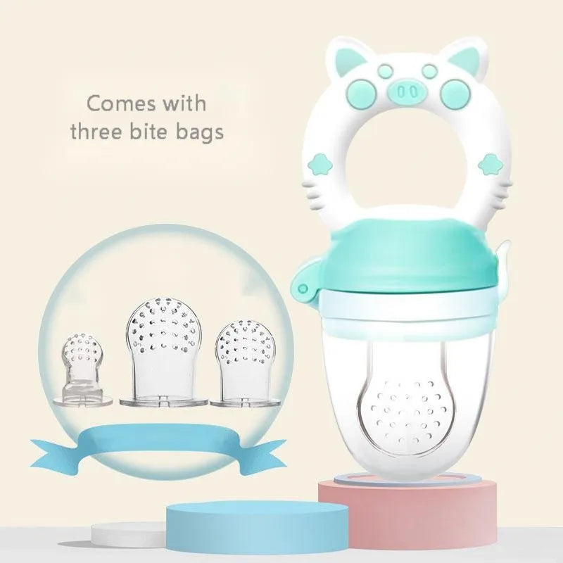 Silicone baby teether chew toy in blue, green, and pink colours showing textured surfaces