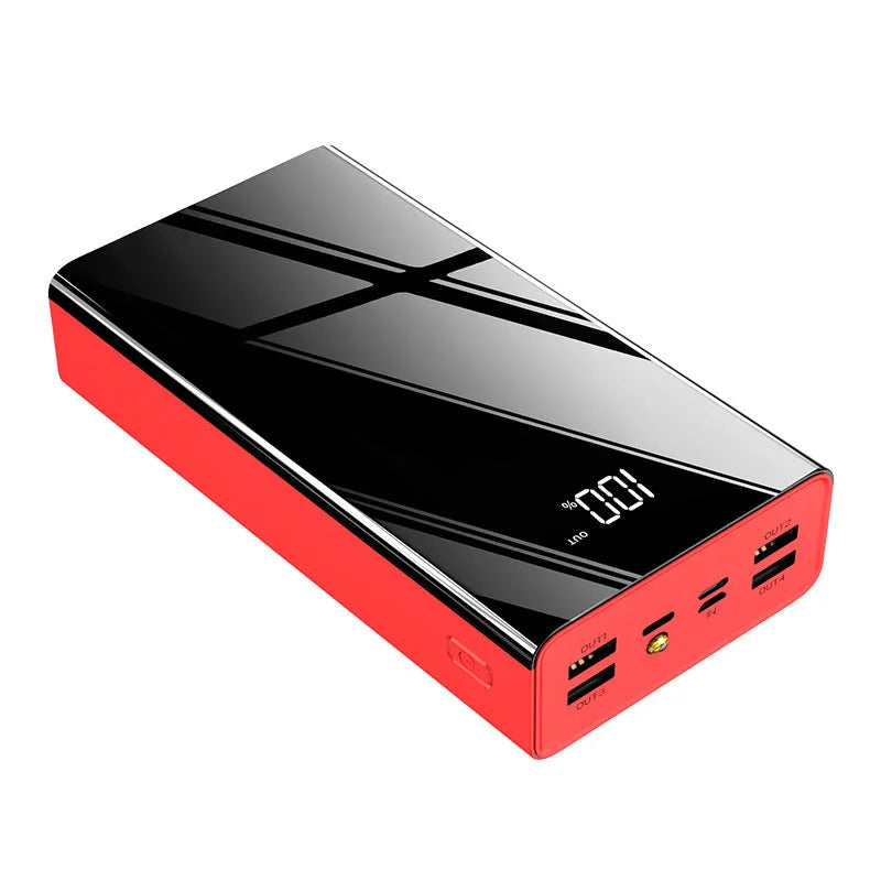 Black and red 40000 mAh power bank showing LCD display with dimensions 156x82x41 mm