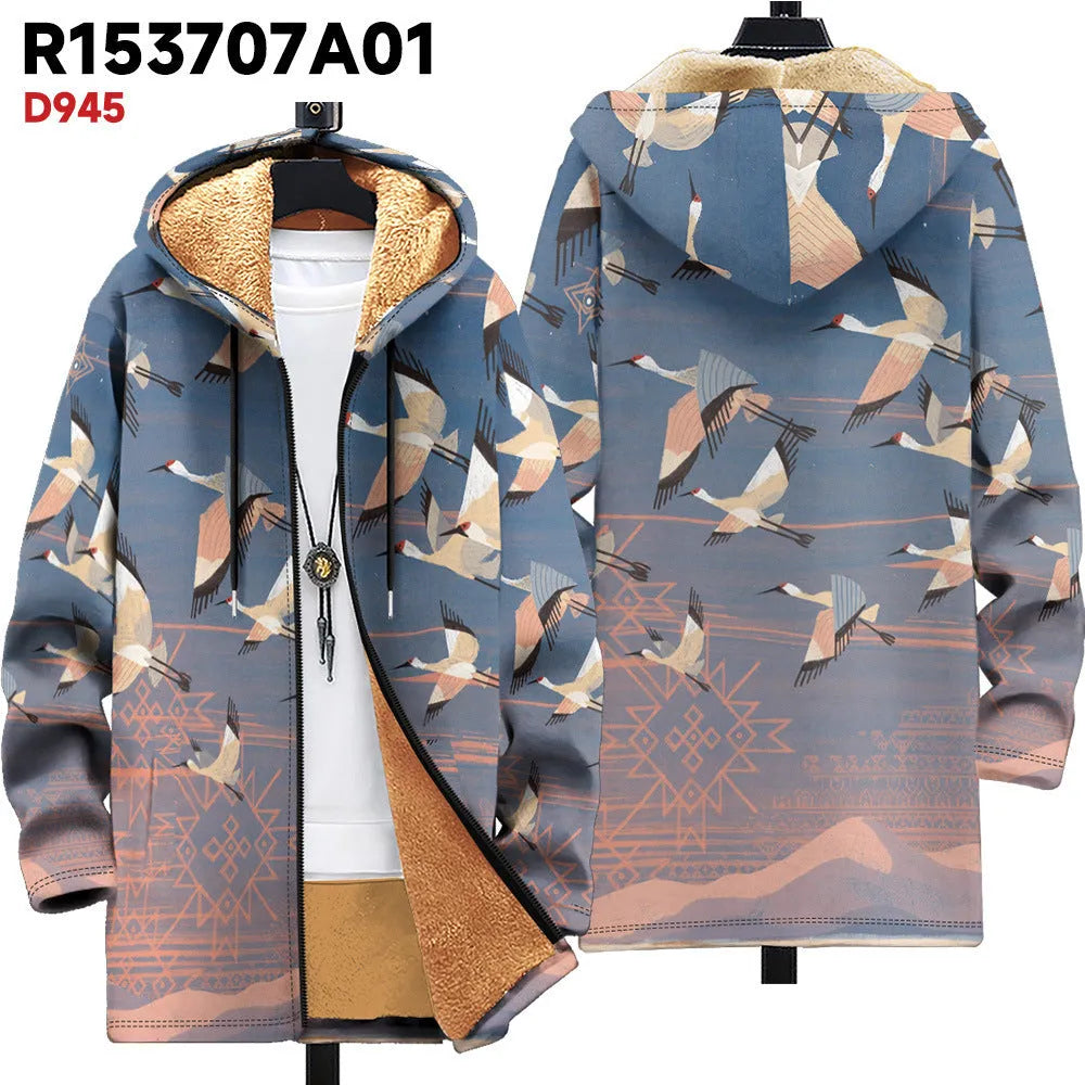 Man wearing a multicolour digitally printed hooded cardigan with a full-length front zip