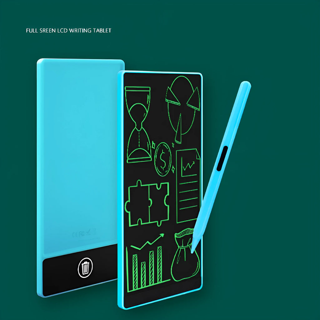 Blue LCD writing board with stylus showing handwritten arithmetic on 6.5-inch screen