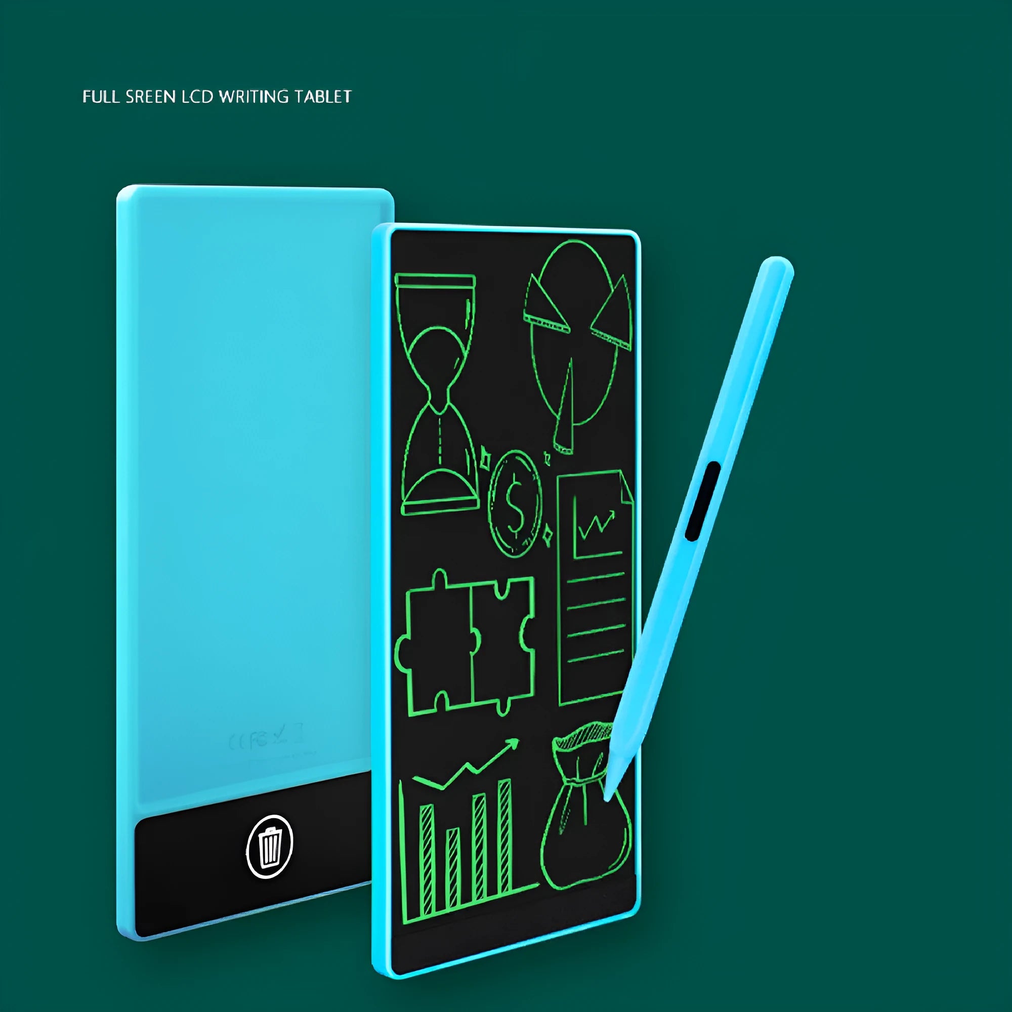 Blue LCD writing board with stylus showing handwritten arithmetic on 6.5-inch screen