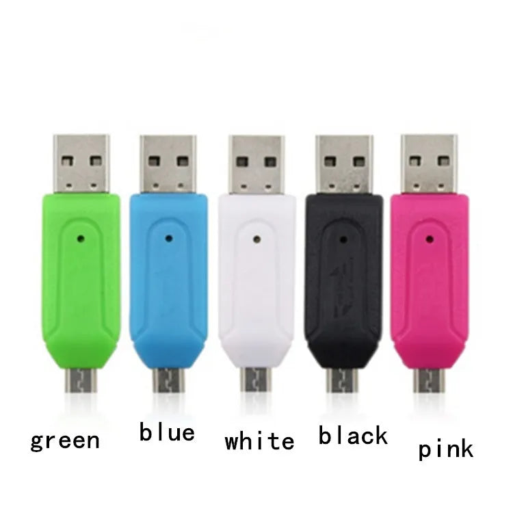 White USB OTG card reader with micro USB connector for SD and TF memory cards.