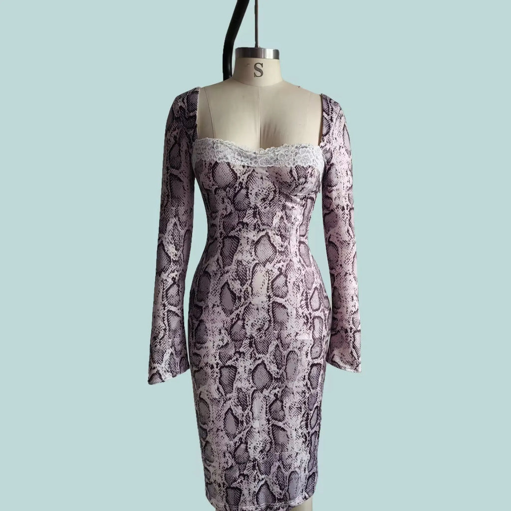 Grey slim fit women's lace dress with digital 3D print pattern, long sleeves, and A-line skirt.