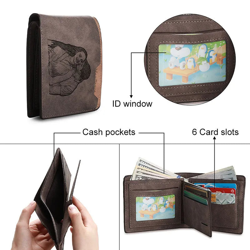 Coffee coloured engraved horizontal short wallet for men with personalised photo etching.