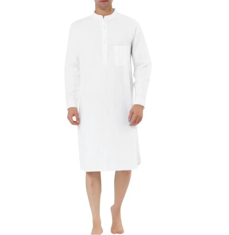 Men's cotton shirt robe shown in multiple colour options including Lake Blue, Light Khaki, White, and Black.