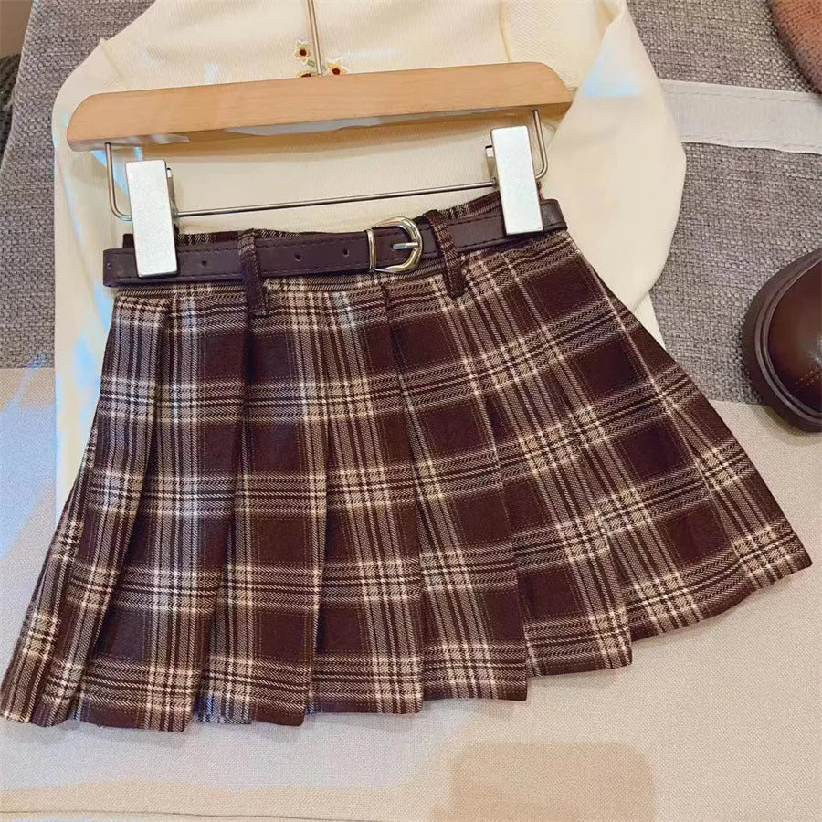 Girls' plaid pleated cotton skirt in A-line style with multiple size options