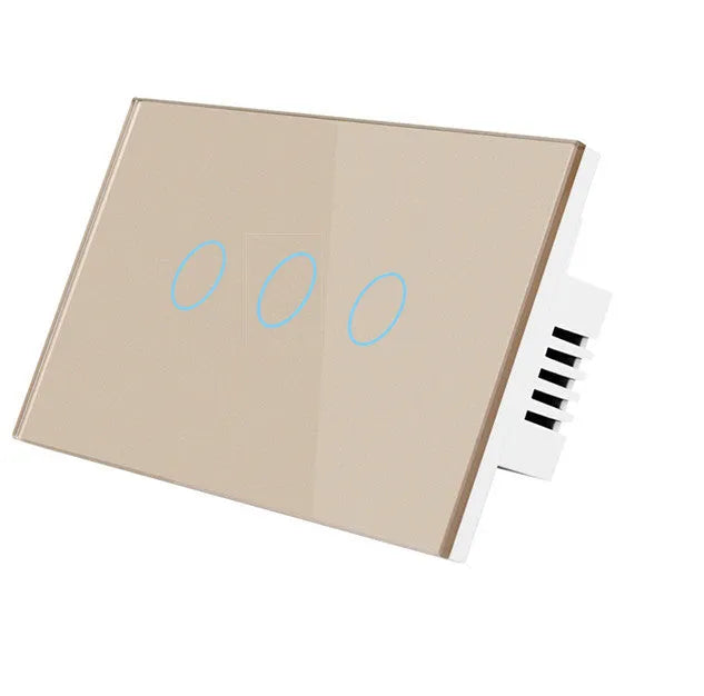 2-gang wireless RF remote touch light switch with tempered glass panel in black, white, or gold