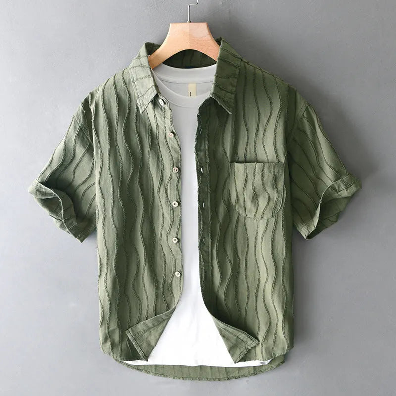 Men's pure cotton casual shirt with Japanese style, loose fit, and short sleeves in apricot colour