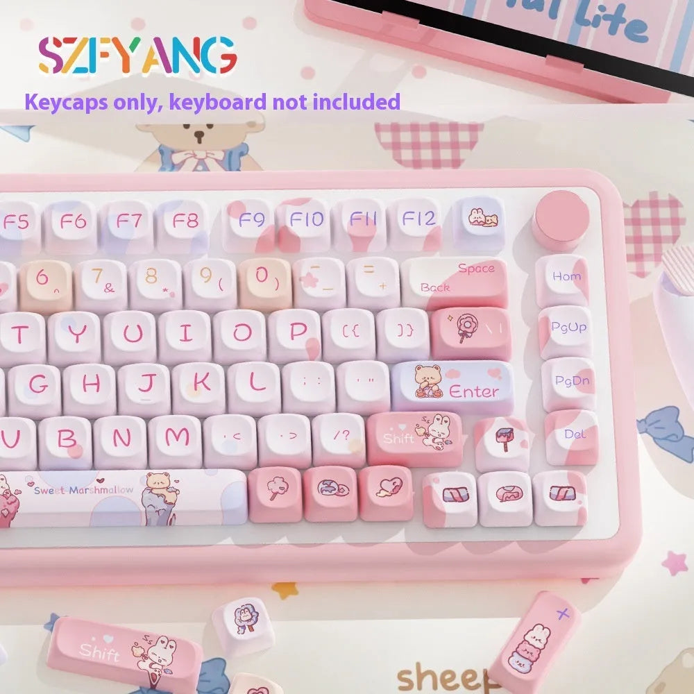 Sweet cotton candy coloured mechanical keyboard keycaps arranged in complete 112-key and 120-key sets