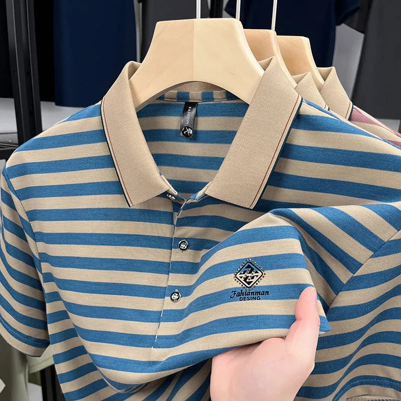 Man modelling a red striped short sleeve casual shirt with mosaic pattern detail.