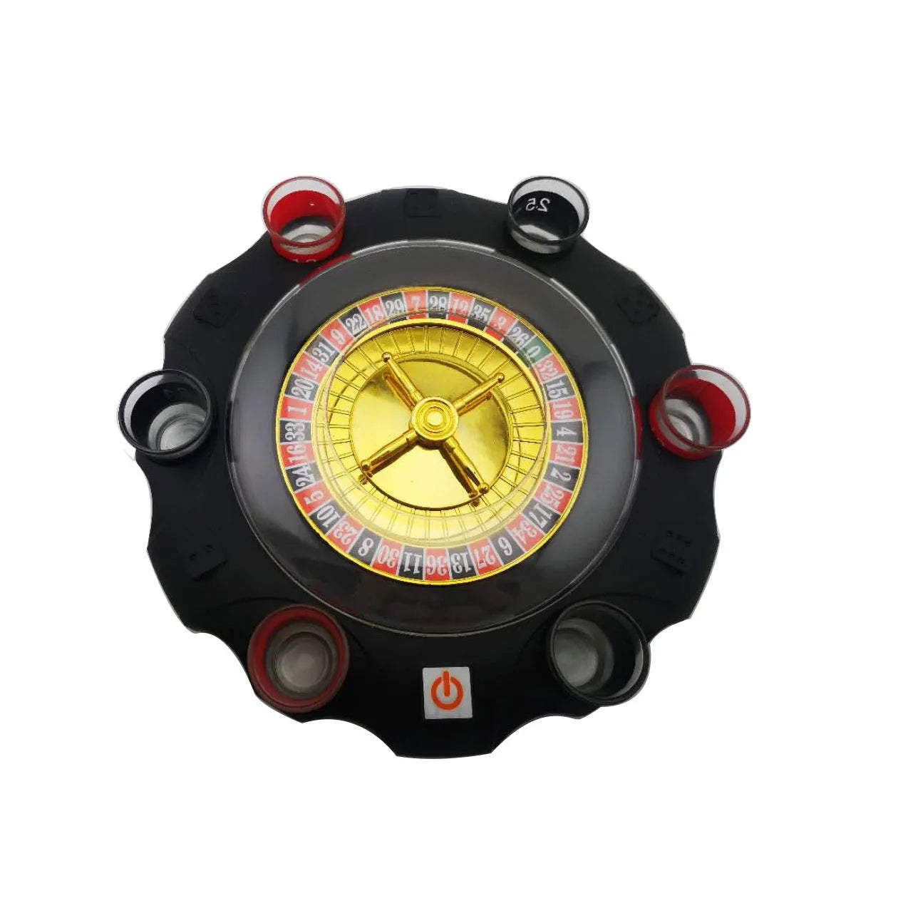 Electric Russian lucky wheel roulette wine set with spinning turntable, six glass shot glasses, and two steel balls on a table