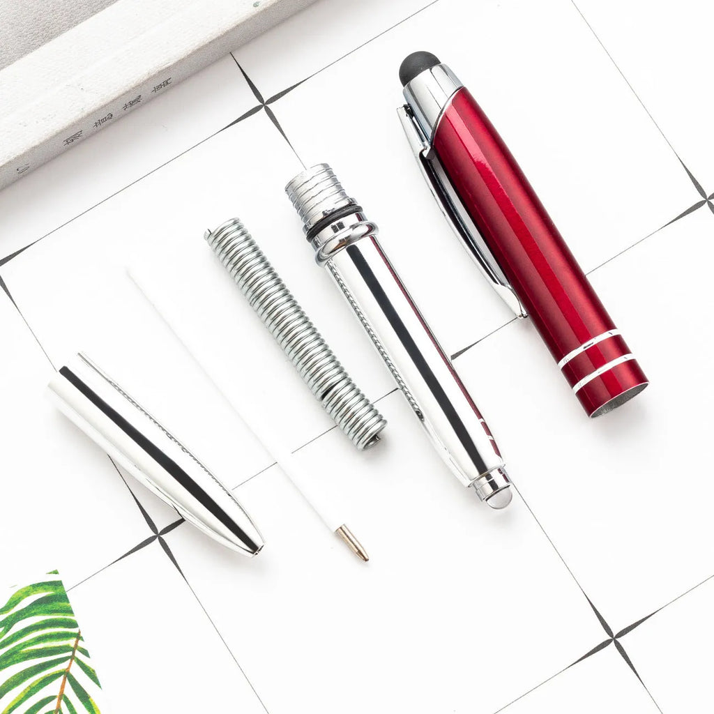 Metal multifunctional stylus pen with capacitive tip, ballpoint pen, and LED light in multiple colour options