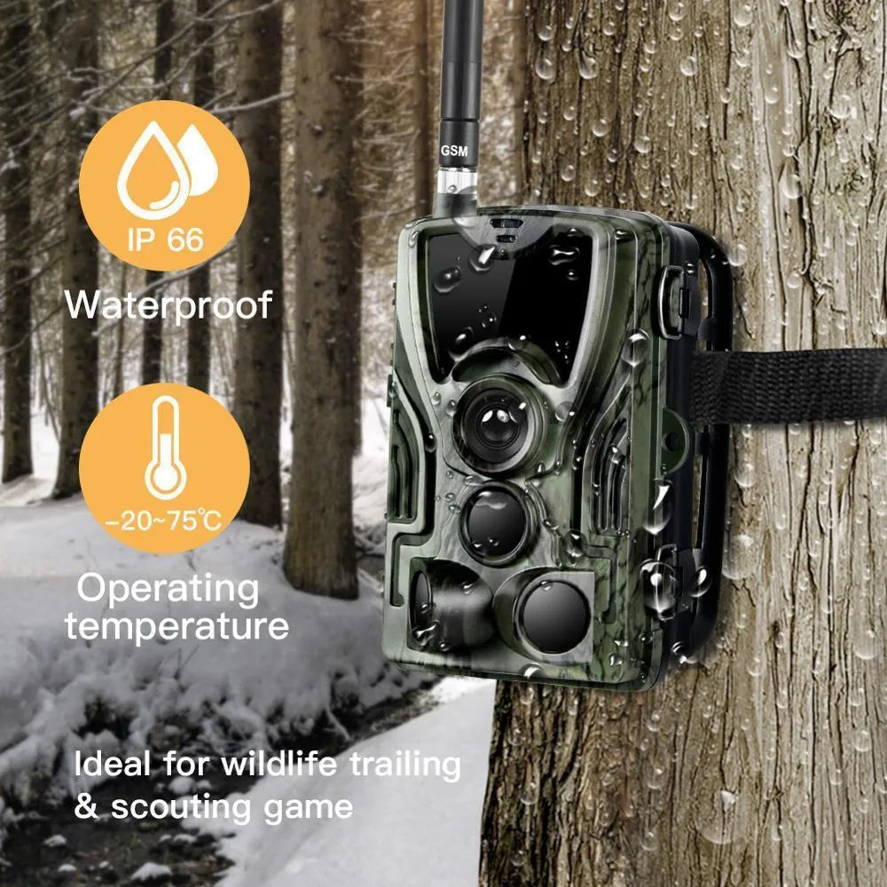 Green cellular trail camera with display screen and infrared LEDs for night vision