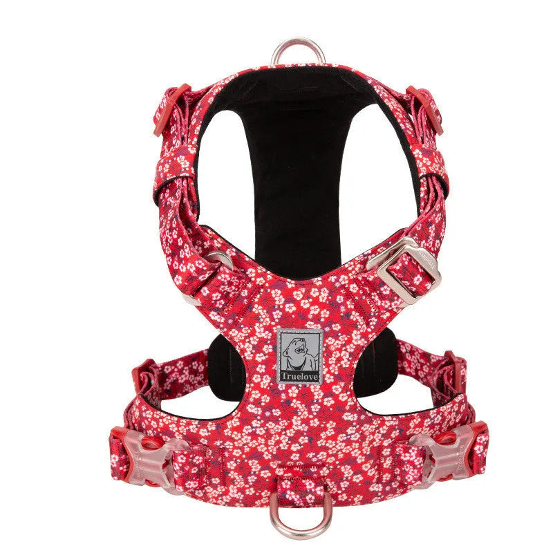 Pure cotton dog harness chest strap with floral pattern in red, blue or green colour options