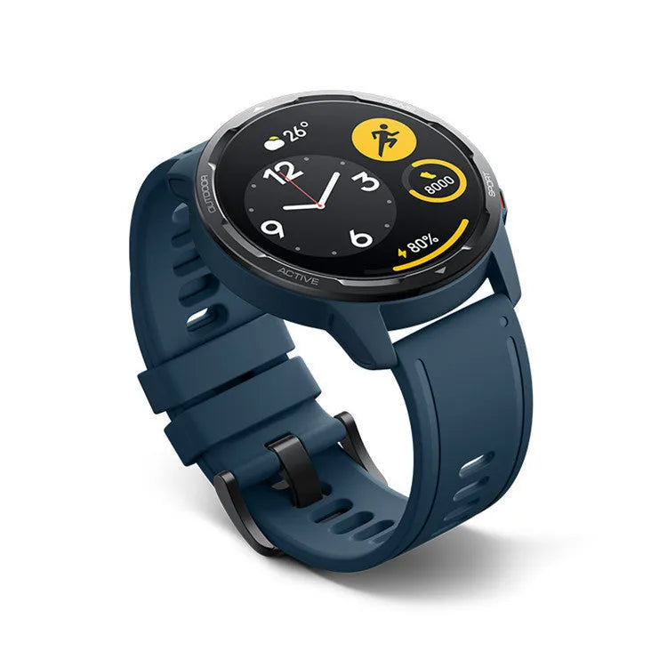 Dual-band GPS smart watch with 1.43-inch touchscreen on a silicone strap in blue, showing fitness tracking interface.