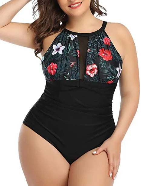 Women's black, red flower, and striped polyester lace one-piece swimsuit for European and American sizing.
