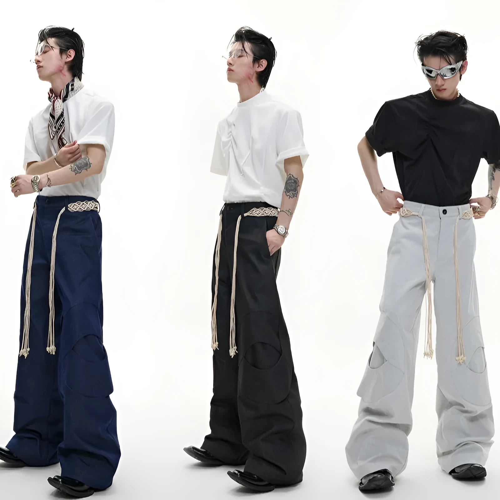 Men's dark wash straight-leg jeans with 3D cutting, zip decorations, and tassel details