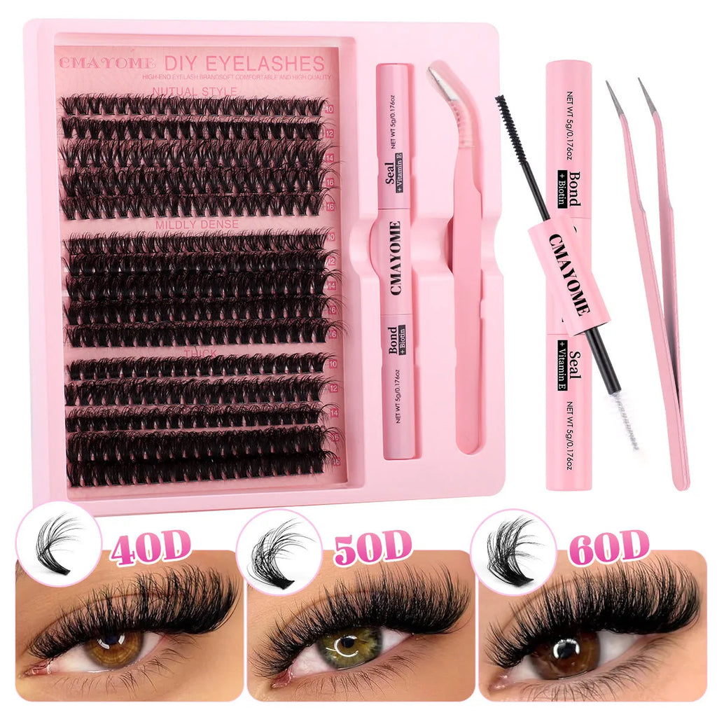 DIY false eyelash extension kit with single cluster chemical fibre lashes and tweezers
