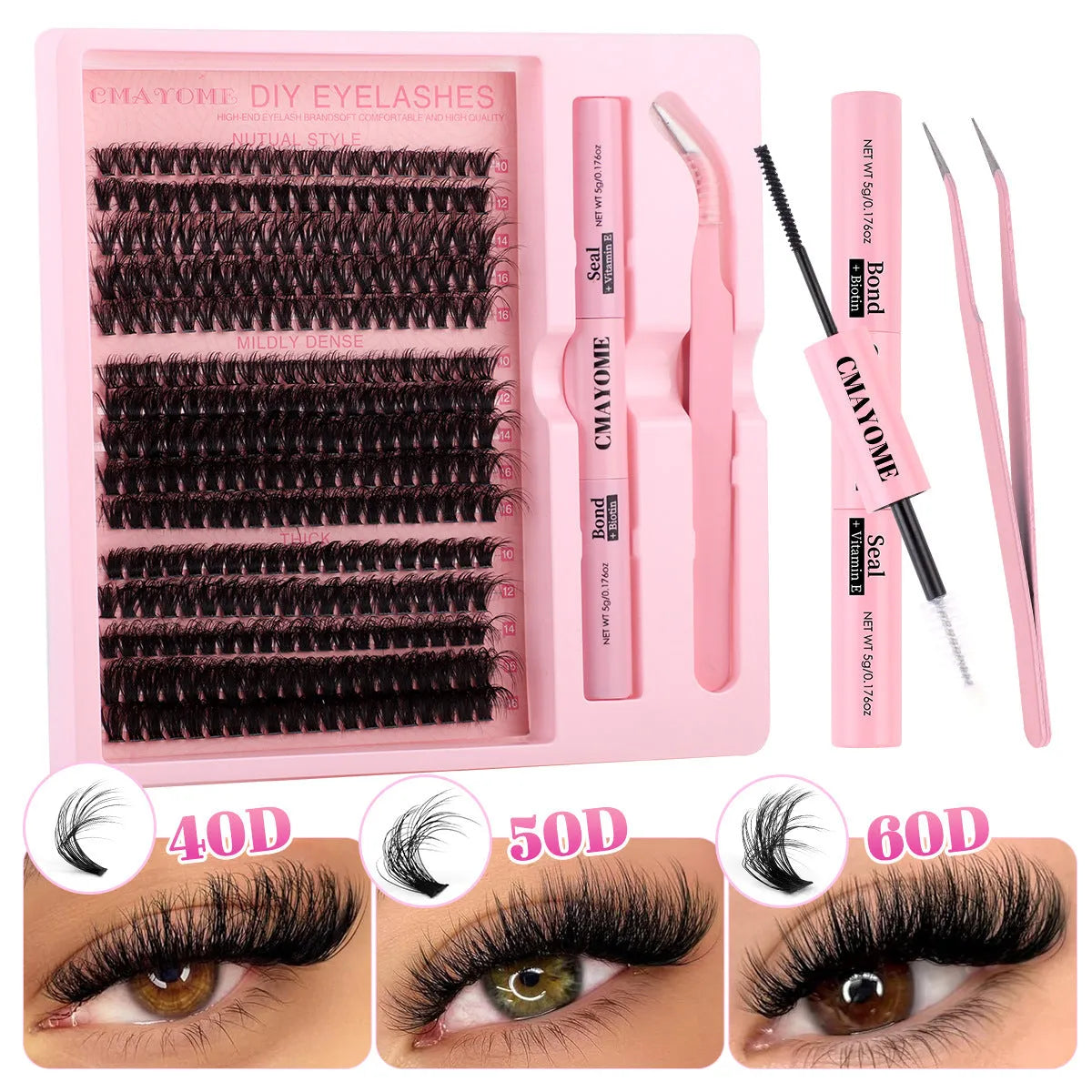 DIY false eyelash extension kit with single cluster chemical fibre lashes and tweezers