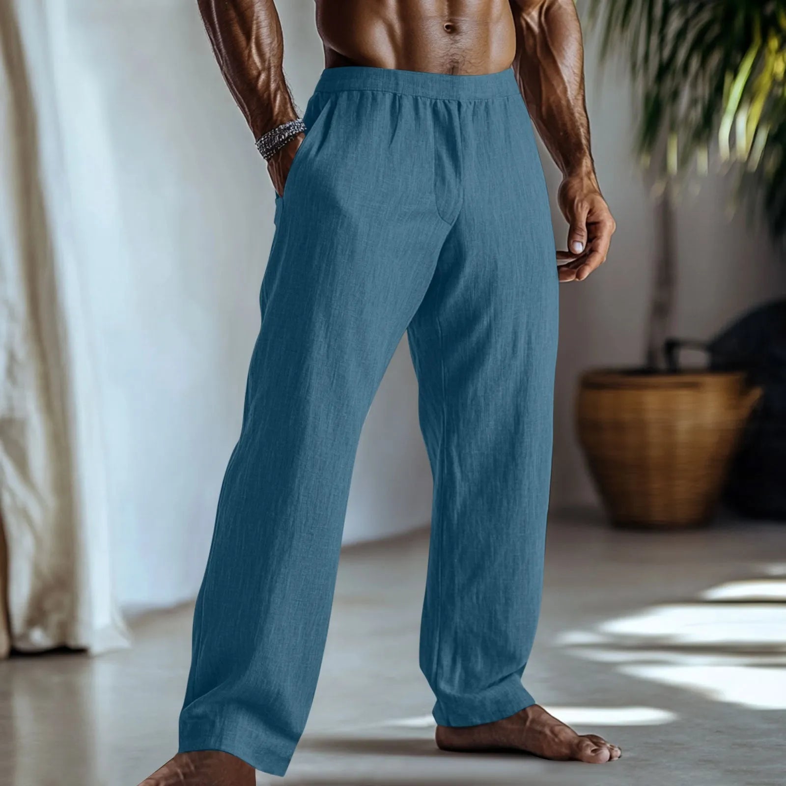 Men's straight leg cotton linen trousers in light green with side pockets and British casual styling