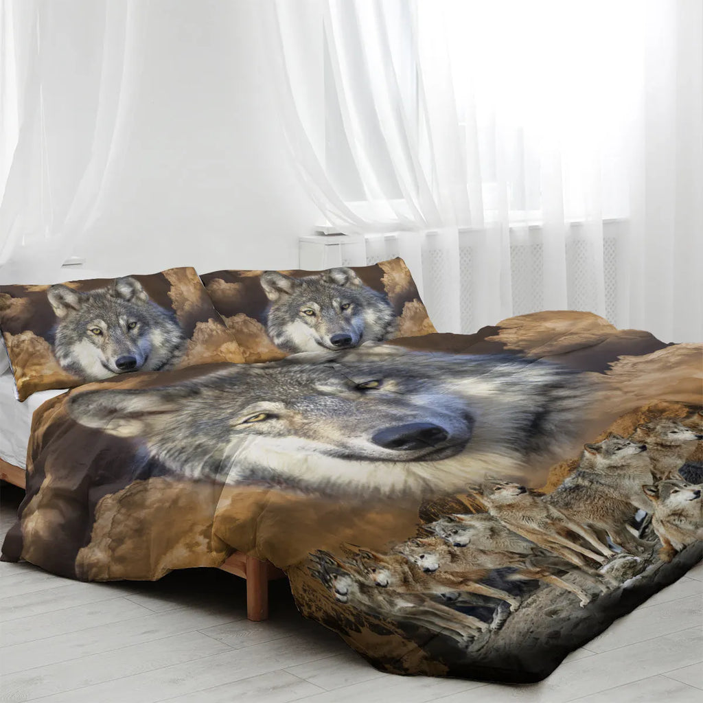 Brown 3D printed wolf pack duvet set with two pillow shams on a bed