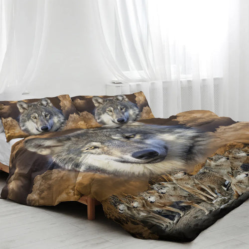 Brown 3D printed wolf pack duvet set with two pillow shams on a bed