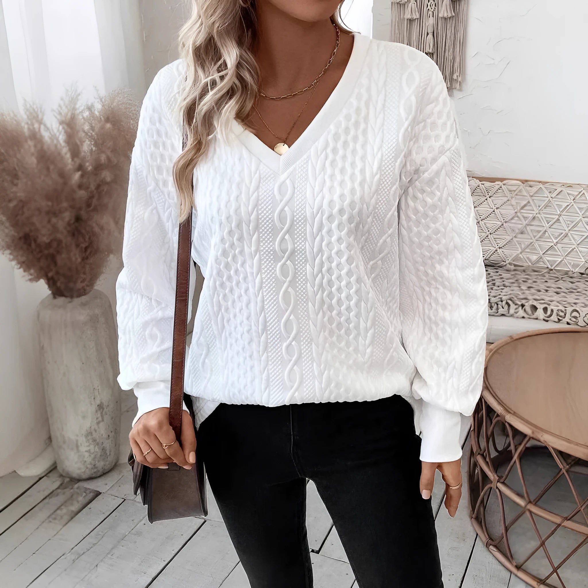 Milky white loose fit long sleeve T-shirt with 3D pattern detail in Japanese Korean casual style