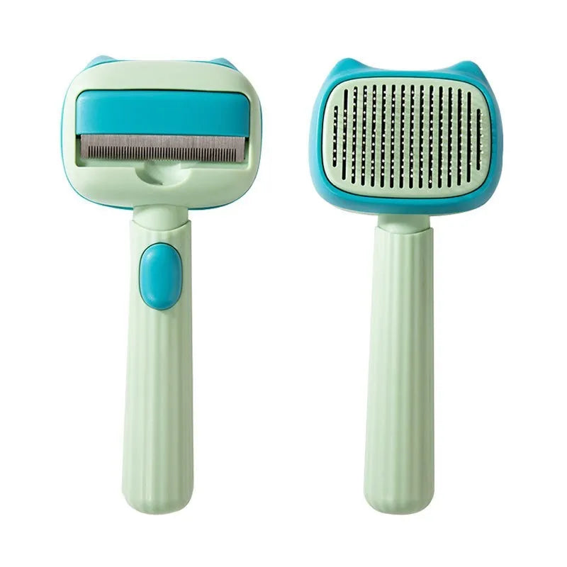 Blue double-sided pet grooming brush showing deshedding rake and dematting comb on a 195mm long handle.