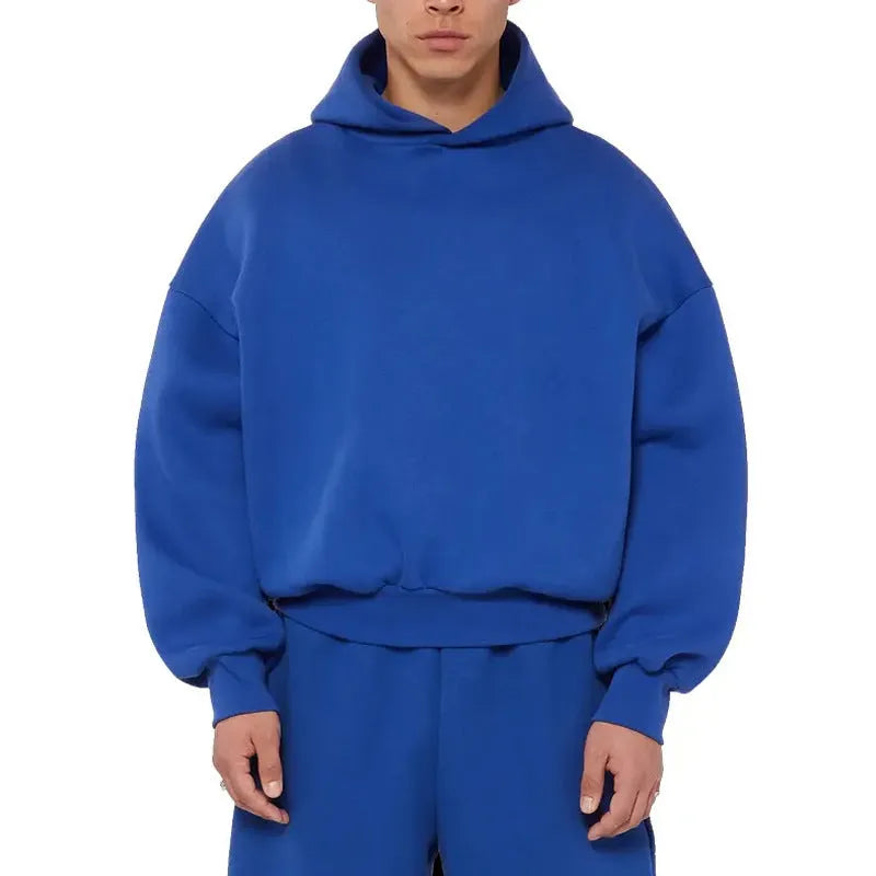 Men's solid colour fleece-lined cotton hoodie sweater with a pullover design and wool lining.