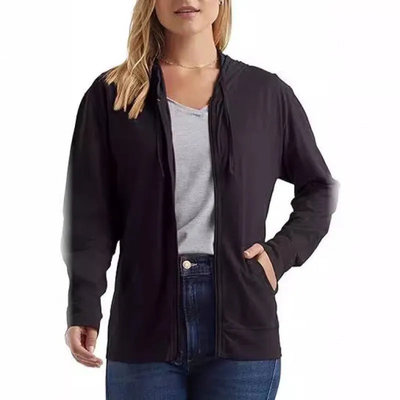 Women's loose fit polyester hoodie in solid colour with long sleeves, available in black, white, grey, dark blue, sky blue, dark pink.
