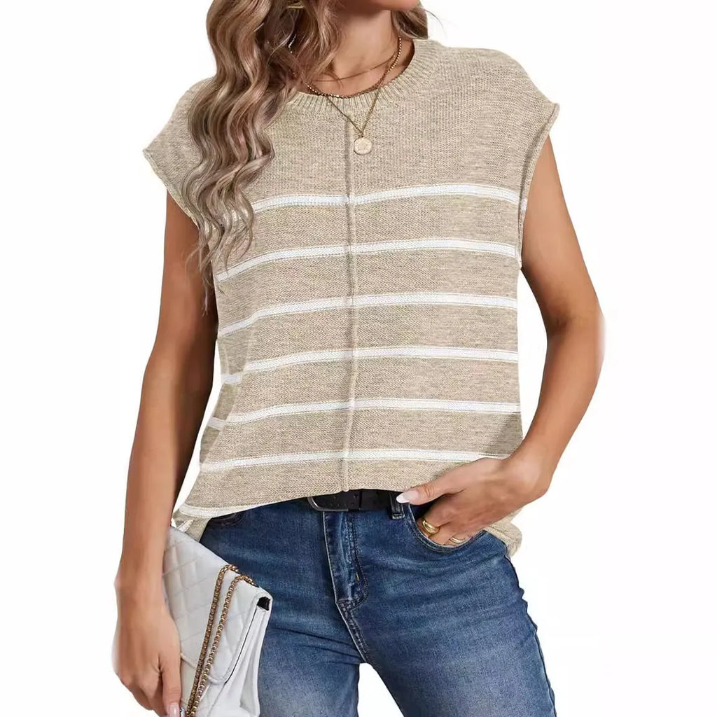 Women's striped sleeveless pullover top in acrylic fabric with bone stitching detail